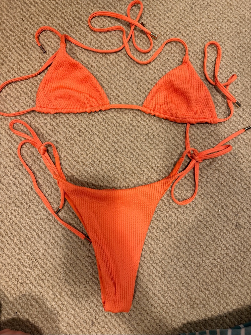 Monday Swimwear Bright Orange Ribbed Triangle Tie-Side Bikini